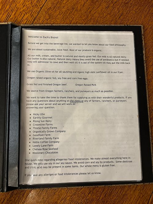 Food philosophy   at Zach's Bistro in Newport