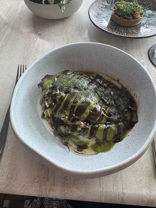 Wood Roasted sugarloaf cabbage with walnut and black garlic sauce   at From Here by Mike in Docklands
