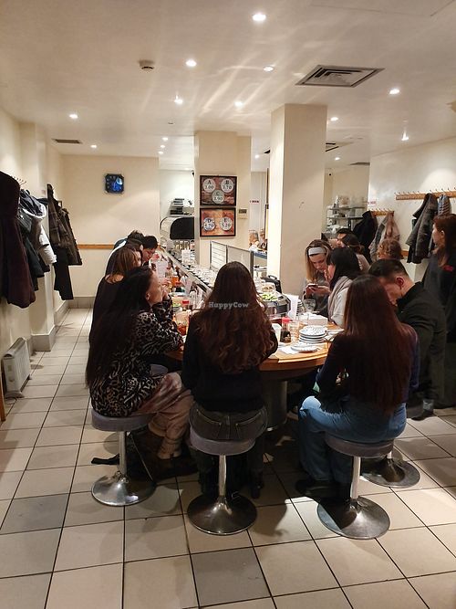 veg gyoza, seaweed salad, cucumber sushi, tofu in miso soup, spicy tofu, caramalised eggplant, edamame salad at Kulu Kulu Sushi in London