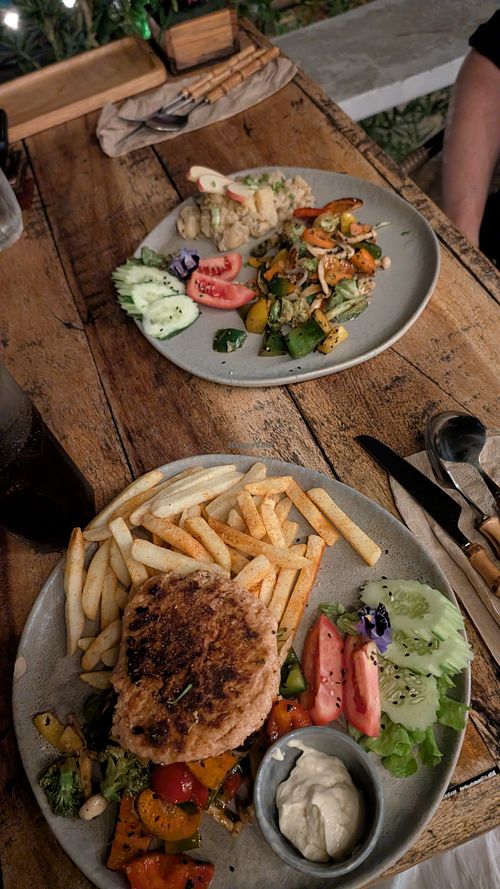 Vegan Meatballs with vegetables and french fries + potato salad at Bamboo Restaurant & Bamboo Bar (by Koh Kood Garden House) in Trat