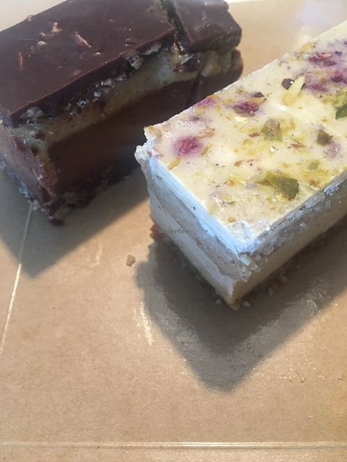 White chocolate salted caramel cake and chocolate peanut cake  at Raw Trader in Melbourne