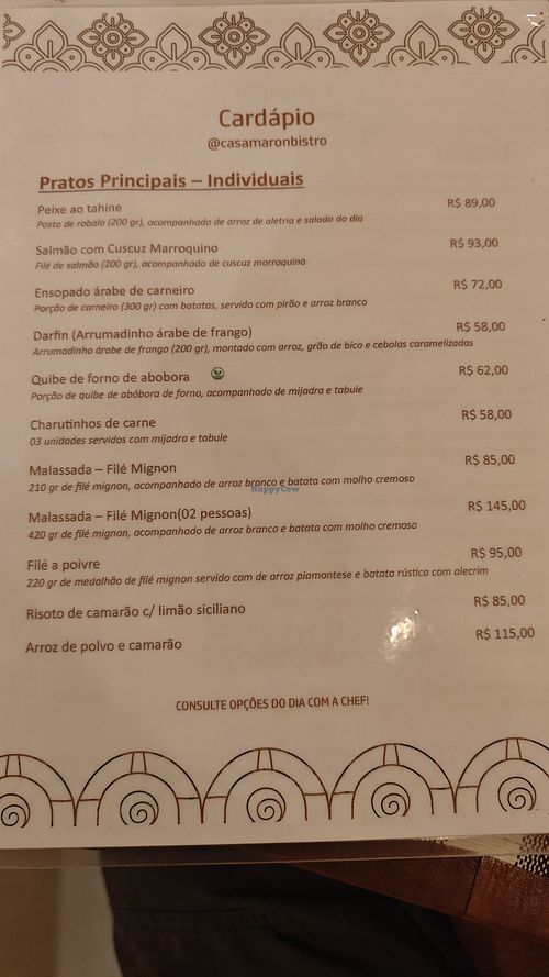 Menu at Casa Maron Bistrô in Salvador