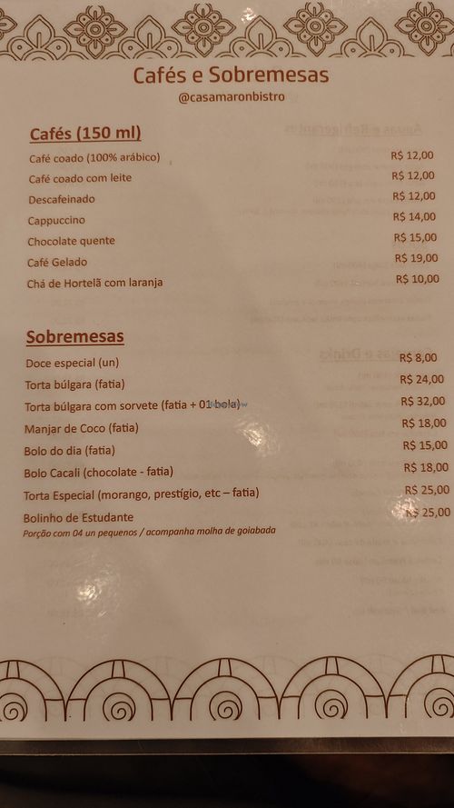 Menu at Casa Maron Bistrô in Salvador