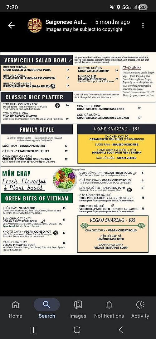 Menu at Saigonese Authentic Vietnamese Cuisine in Sunrise