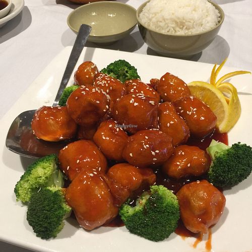 vegan sesame chicken with white rice  at Mai Dragon in Hanover