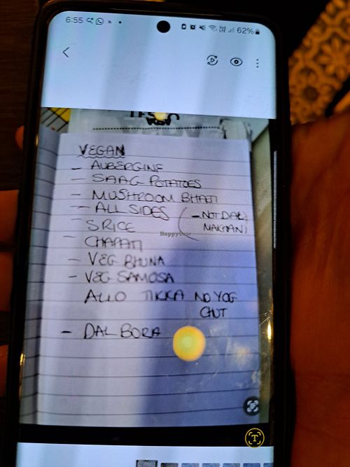 list of vegan options (provided by waitress) at Desh in West Malling