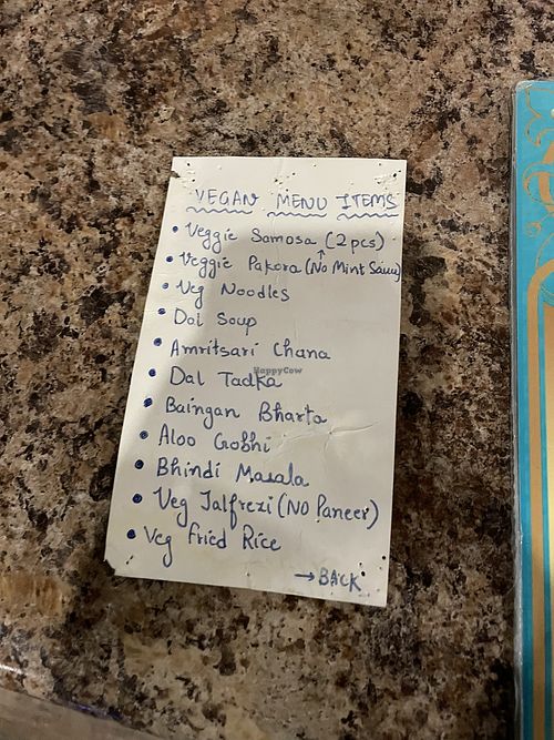 Vegan menu that the staff keeps on hand  at Indish in Moncton