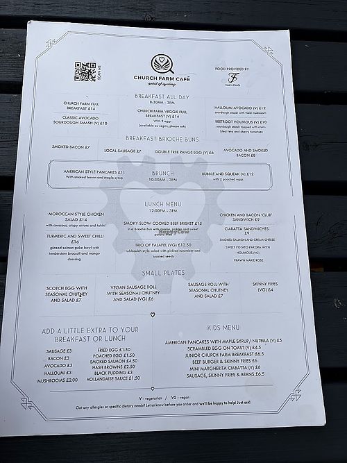 Menu.   at Church Farm Cafe in Tring