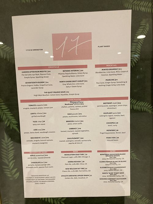 Wall menu  at 17 Kitchen in Evanston