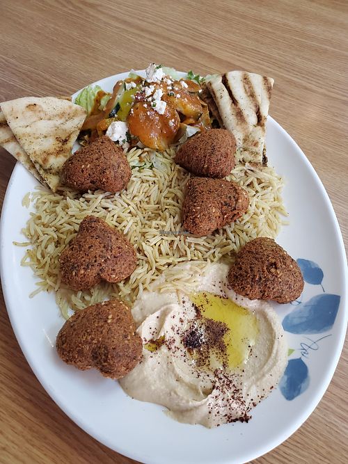 Falafel plate with rice (additional cost) at Heart of Jerusalem Cafe in Manitou Springs