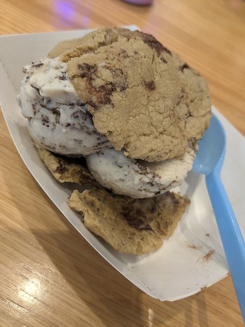 Vegan chocolate chip cookie sandwich with vegan chocolate chip ice cream. at The Baked Bear - Dania Beach in Dania Beach