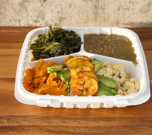 Soul food plate: Lentils, Mac and Cheese, Sweet Potatoes, Avocados, & plantains at Goddess's Garden Vegan Food Truck in Litchfield Park