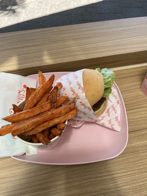 Vegan burger and sweet potato fries   at Betty's Burgers in Maroochydore