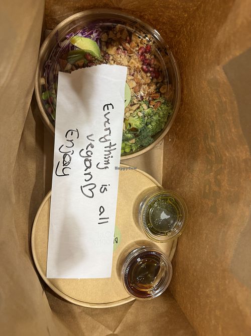 It was a delivery where I asked to be everything vegan. I received this note in the bag   at Buddha Bowl Kolding in Kolding
