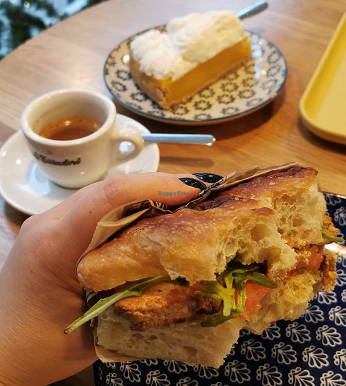 Foccaccia with tofu. Background cafe macchiato and lemon pie. at Cafè Karalis - Sardinialainen caffetteria in Pirkanmaa