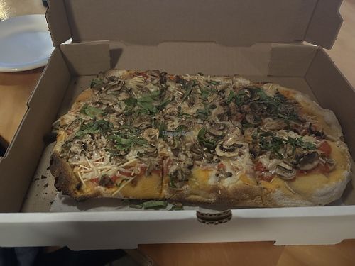 Vegan margarita pizza w mushrooms added  at Vitaly in California