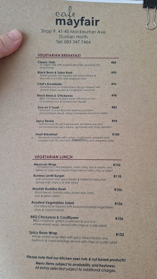 Menu at Cafe Mayfair  in Durban