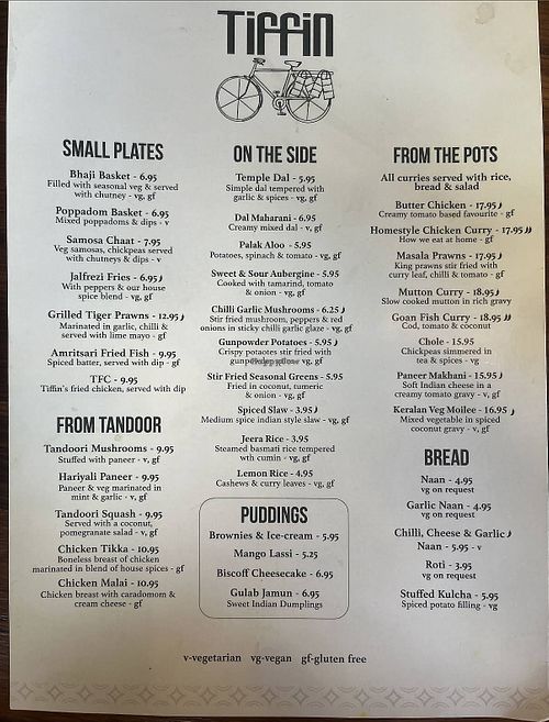 Vegan and vegetarian options clearly labelled in the menu.  at Tiffin in Barnstaple