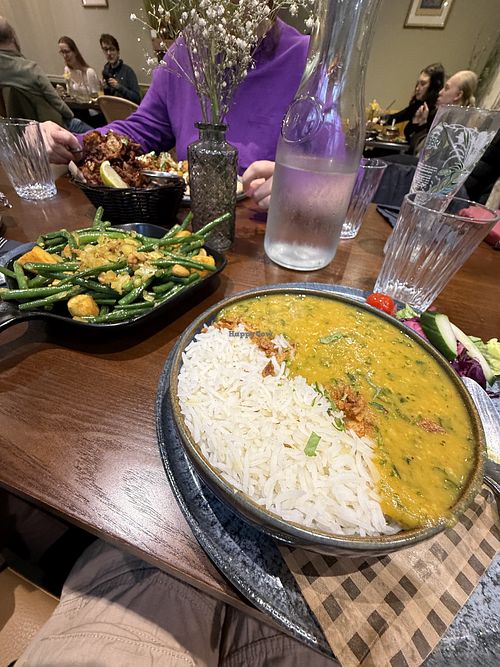 Green bean cashew salad, vegan yellow Dahl and rice lunch bowl   at Tiffin in Barnstaple