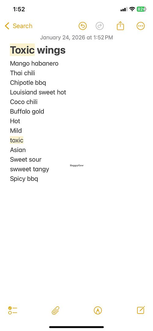 the list of vegan sauce flavors at Toxic Wings North Babylon in North Babylon