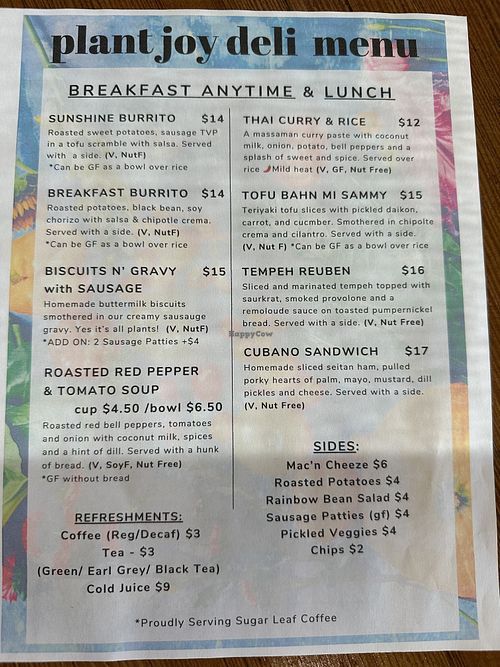 Current menu   at Plant Joy Deli in Wauwatosa