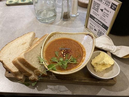 Spicy tomato soup (asked for vegan butter)  at The Edinburgh Coffee Lounge in Edinburgh