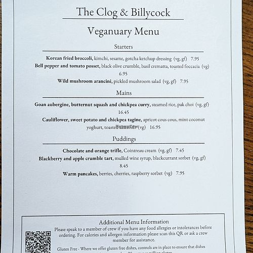 Veganuary menu at The Clog & Billycock in Blackburn