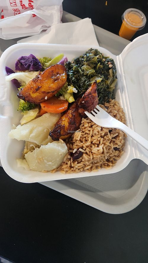 Steamed veggies, steamed yams and green banana, okra and calalloo, rice and beans, plantain. at T's Restaurant and Fried Chicken in Charlotte Amalie