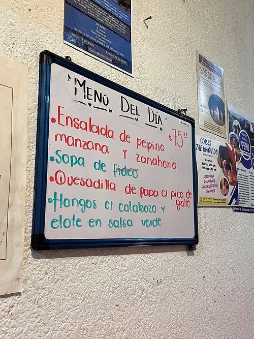 Menu of the day is written inside on this board, and also on a sandwich board in front of the unmarked restaurant door. at Comida Vegetariana in Mexico City