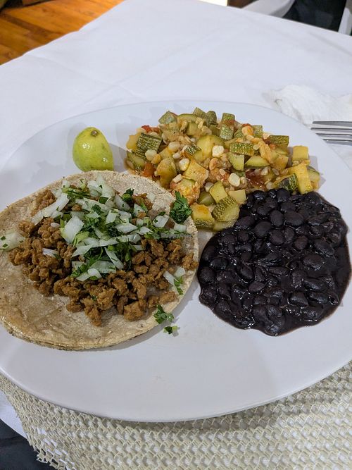Taco, squash, black beans at Comida Vegetariana in Mexico City