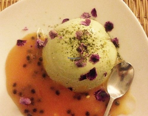 Matcha Panna Cotta with papaya sauce (vegan) at Jardim dos Sentidos in Lisbon