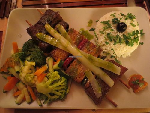 The seitan, tofu, pineapple kabobs.  at Jardim dos Sentidos in Lisbon