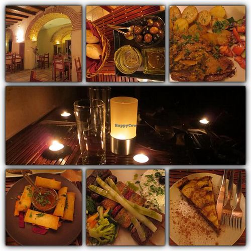 Seitan steak, spring rolls, kabobs, apple pie, and a romantic power outage leading to candles everywhere. at Jardim dos Sentidos in Lisbon