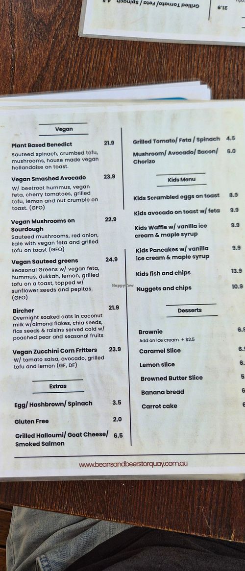 Vegan Menu at Beans and Beers Torquay in Torquay