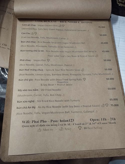 Menu  at An Hy vegetarian  in Quảng Nam