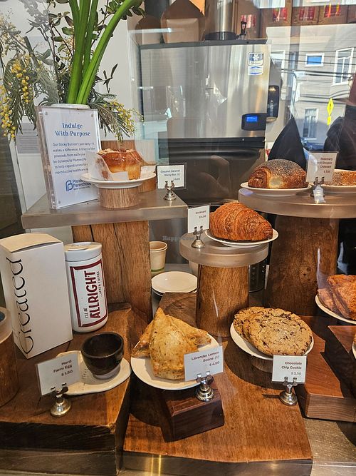 Vegan baked goods include Coconut Caramel Sticky Bun and Lemon Lavender Scone at Piccino Coffee Bar in San Francisco
