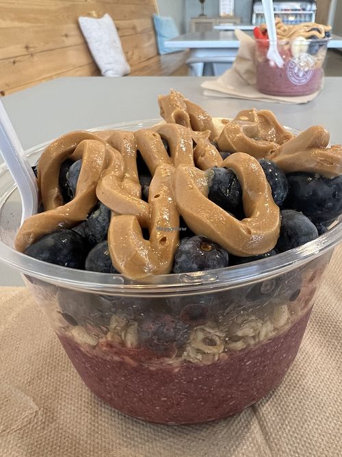 Açaí base with granola, bananas, blueberries and peanut butter.   at City Bowls Downtown-Birmingham in Birmingham
