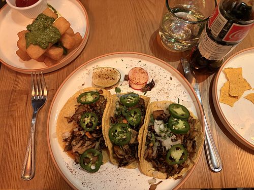 Maitake tacos and yuca fries   at Meximodo Jersey City – Cocina Mexicana & Tequila Bar in Jersey City