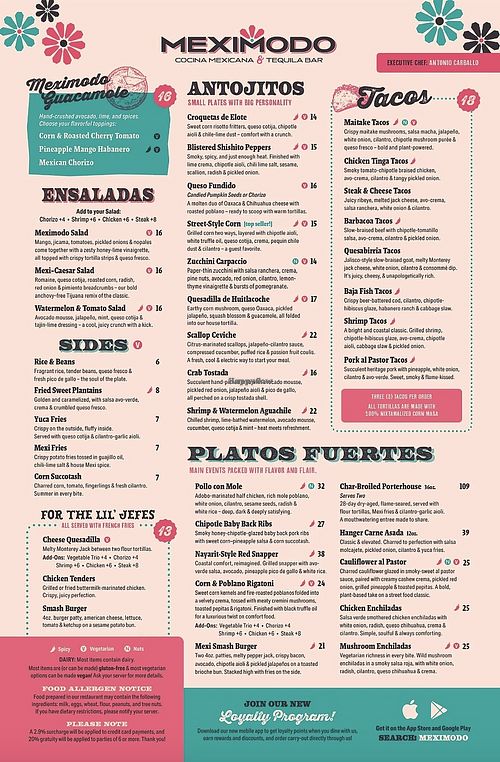 Dinner menu  at Meximodo Jersey City – Cocina Mexicana & Tequila Bar in Jersey City