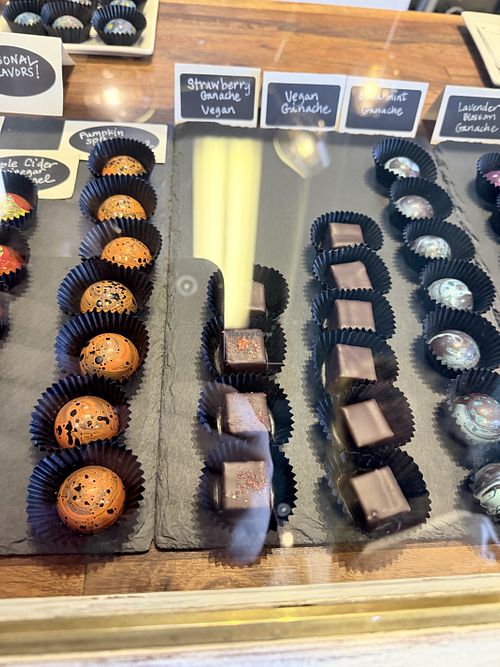 Chocolate truffles clearly marked vegan   at Twenty-Four Blackbirds Chocolates  in Santa Barbara