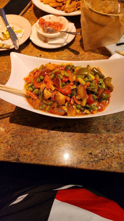 Teriyaki vegetable stir fry on a bed of noodles. at City Line Diner in Poughkeepsie
