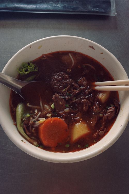 Veggie sweet beef with bean vermicelli noodle soup  at Vegetarian Foods Restaurant in Battambang