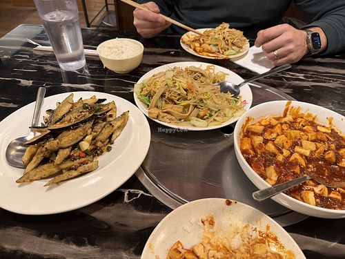 Mapo, tofu made vegetarian, garlic, eggplant, and stirfry noodle noodles with veggies  at Mala House in Boise