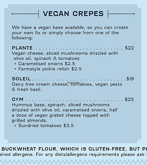 Savoury vegan menu  at Ponsonby Crêpes in Auckland