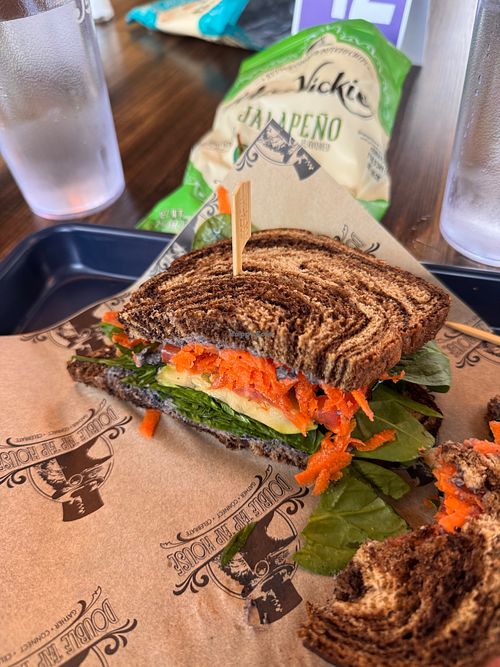 Hummus sandwich on marbled rye at Atlas @ Altitude 15 in Olympia