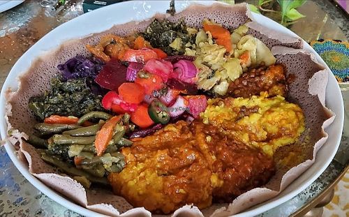 Veggie sampler platter at Axum Ethiopian Restaurant in Chicago