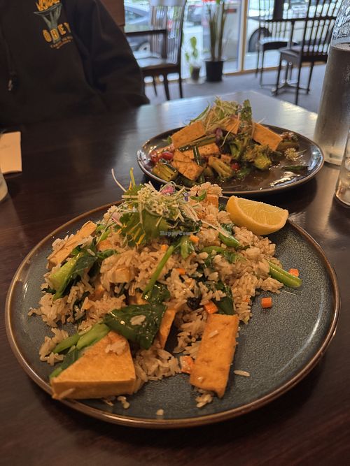 Vegan fried rice with Tofu and vegan stir fried garlic   at Lamoon Royal Thai in Hobart