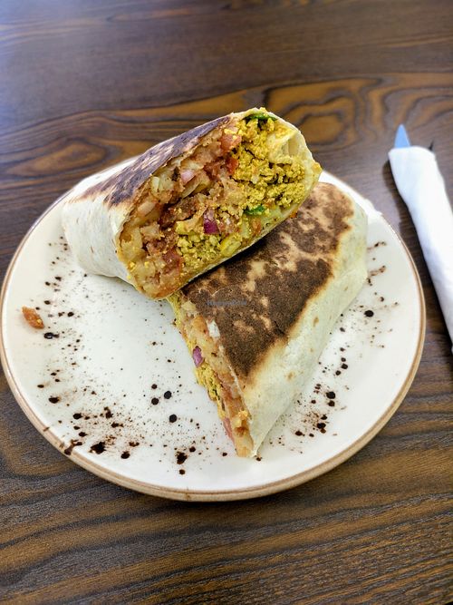 Vegan breakfast burrito. With scrambled tofu, guacamole hot sauce & beans  at Bounceback Cafe in Dublin