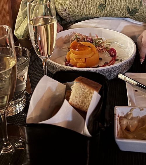 Vegan squash brulée (tasting menu), Vegan bread & hummus appetizer at Dante in Cleveland