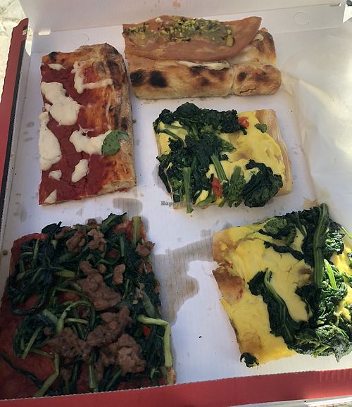 Da sinistra in alto: margherita, mortadella e pistacchio, broccoli e crema di tofu allo zafferano, rossa con salsiccia.   at Mo' Veggo in Rome